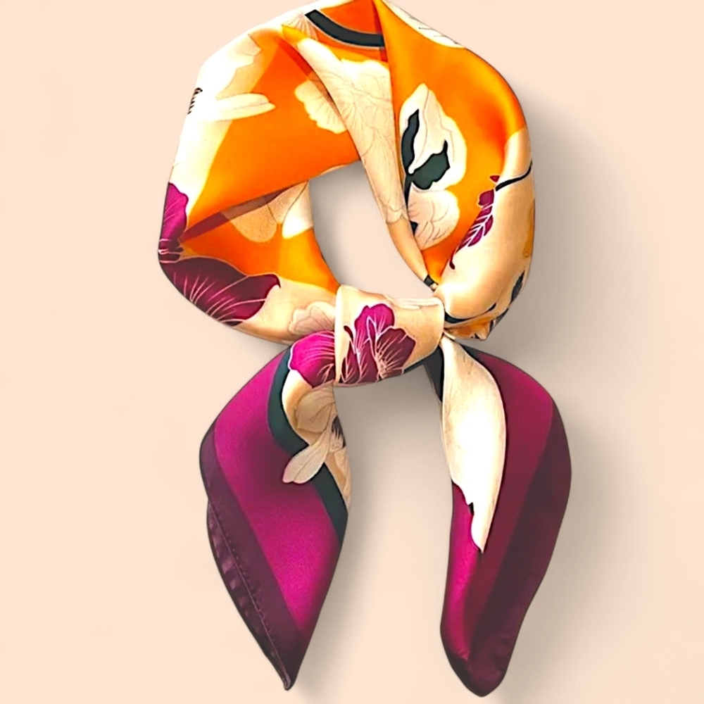 🧡 Floral Colorblocked Silky Scarf Square- Orange, Purple, Cream And Green - Picture 3 of 7